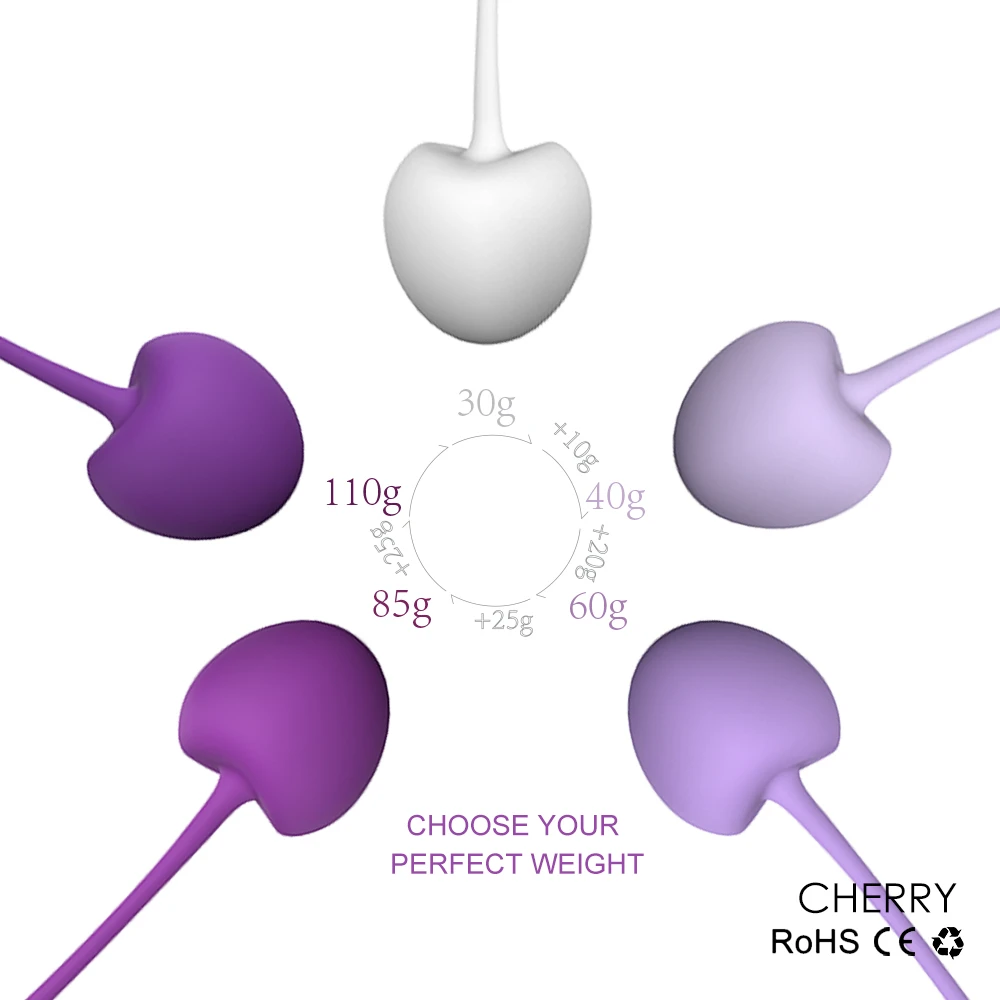 Circular arrangement of graduated pelvic floor trainers illustrating the "Choose Your Perfect Weight" progressive strengthening system.