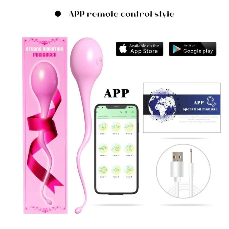 Infographic of a pink sperm-shaped app-controlled vibrator showing smartphone interface with multiple vibration modes and USB charging cable.