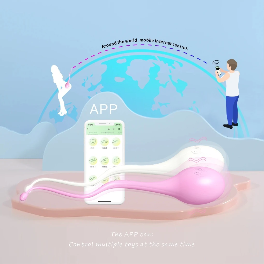 Conceptual illustration of the global app-control feature allowing partners to manage the pleasure device's vibration patterns from anywhere in the world.