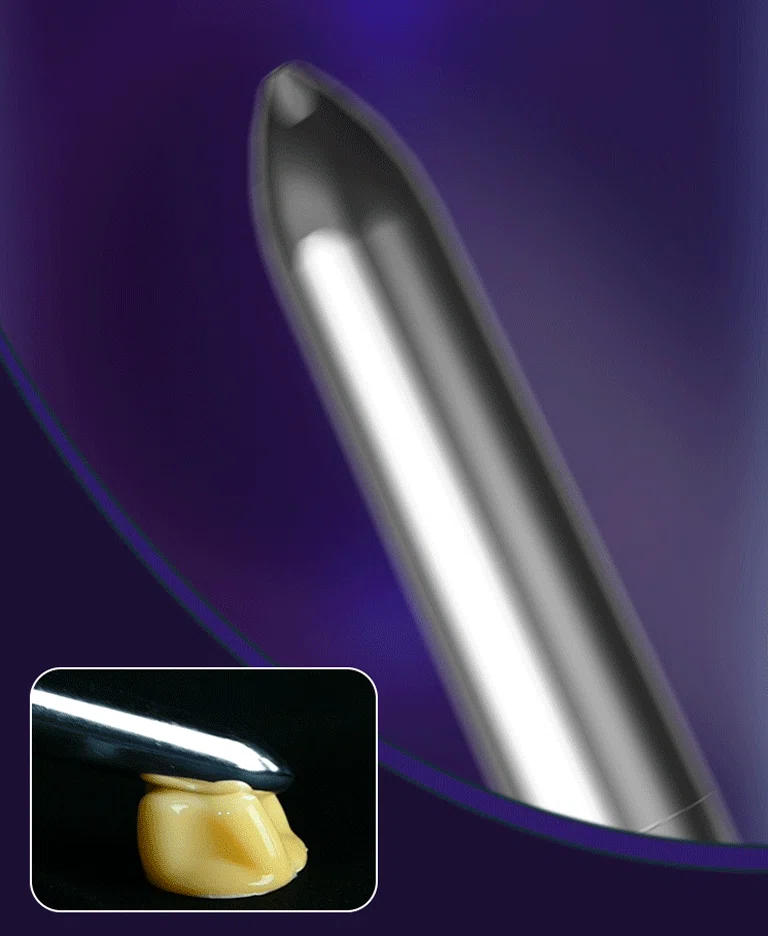 Close-up of a high-gloss silver bullet vibrator showcasing its sleek metallic finish and ergonomic rounded tip for precise stimulation.