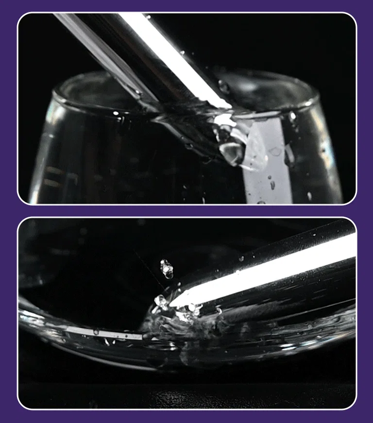 Dual-pane demonstration of a waterproof pleasure device submerged in water, highlighting its splash-proof design for bath and shower use.