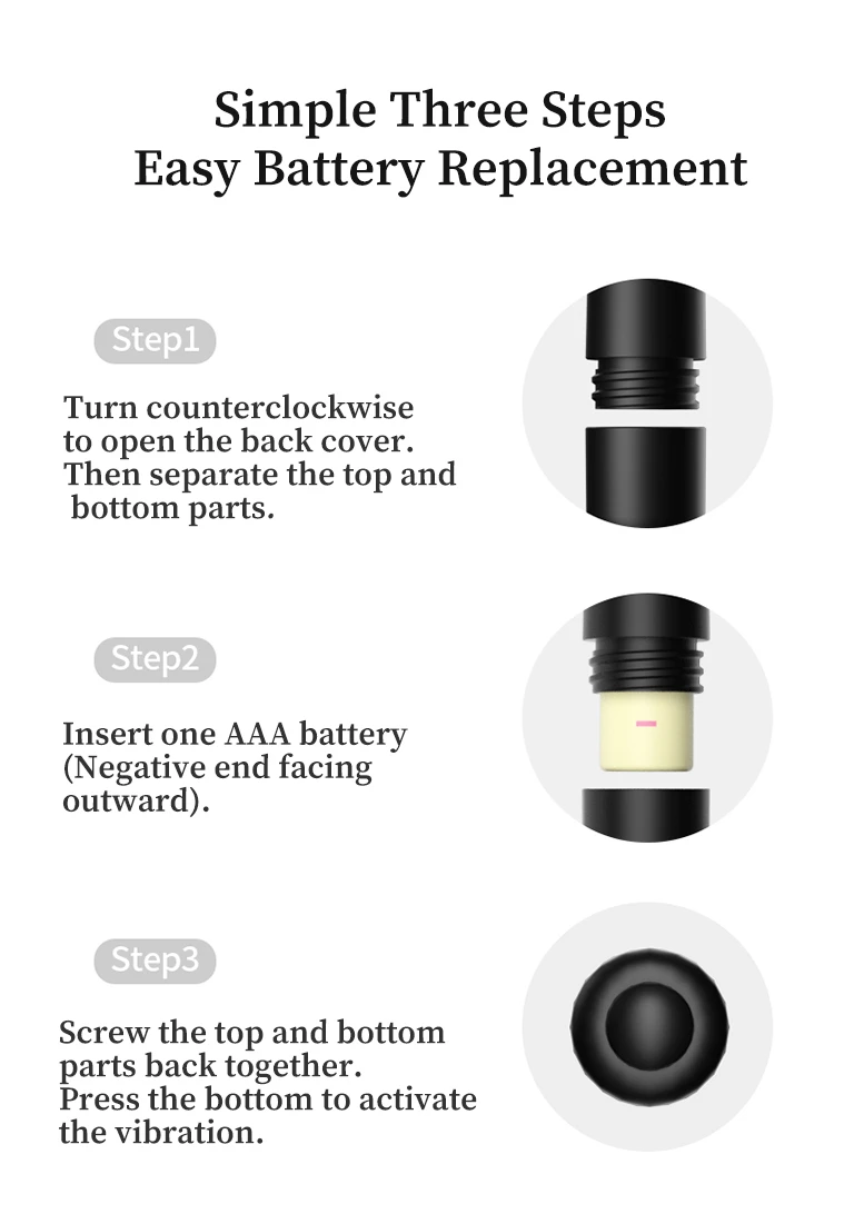 Instructional infographic detailing the easy three-step battery replacement process for the AAA-powered handheld vibrator.