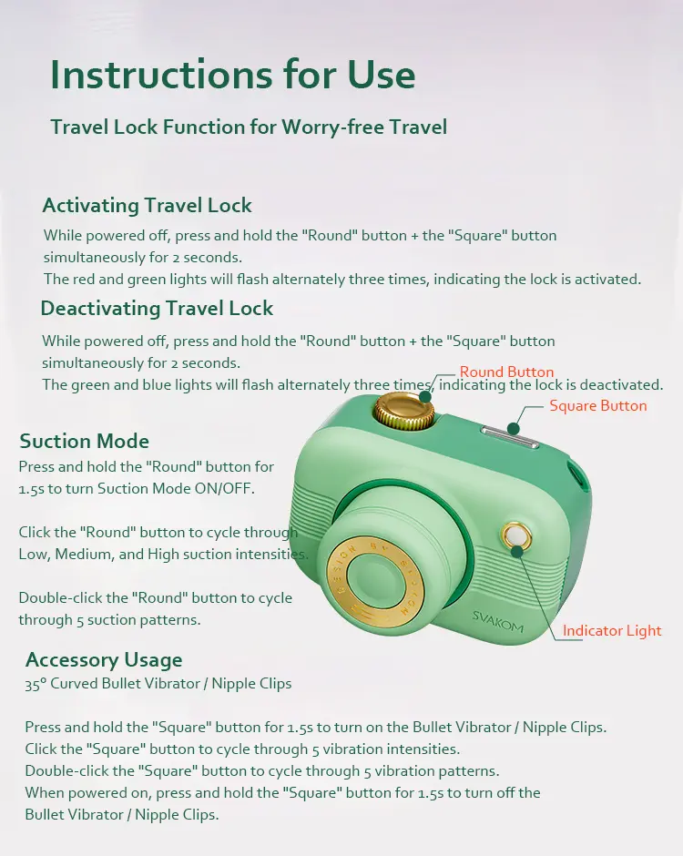 Detailed instruction manual graphic explaining how to activate the travel lock and cycle through the 5 suction patterns and 5 vibration intensities.