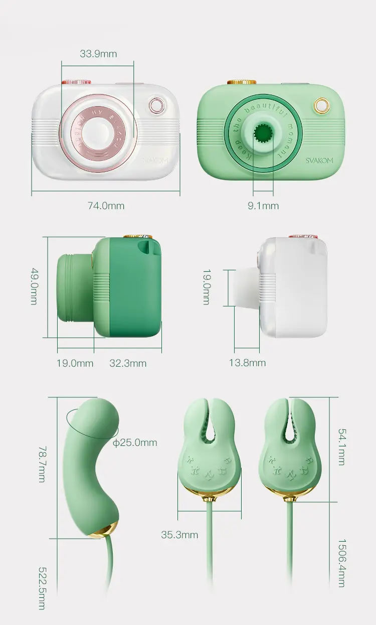 Technical dimension chart for the toy showing precise measurements of the camera-style base, suction nozzle, and adjustable clitoral stimulator attachments.