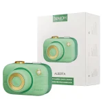 Luxury gift box packaging alongside the mint green camera-design clitoral stimulator for discreet storage and gifting.