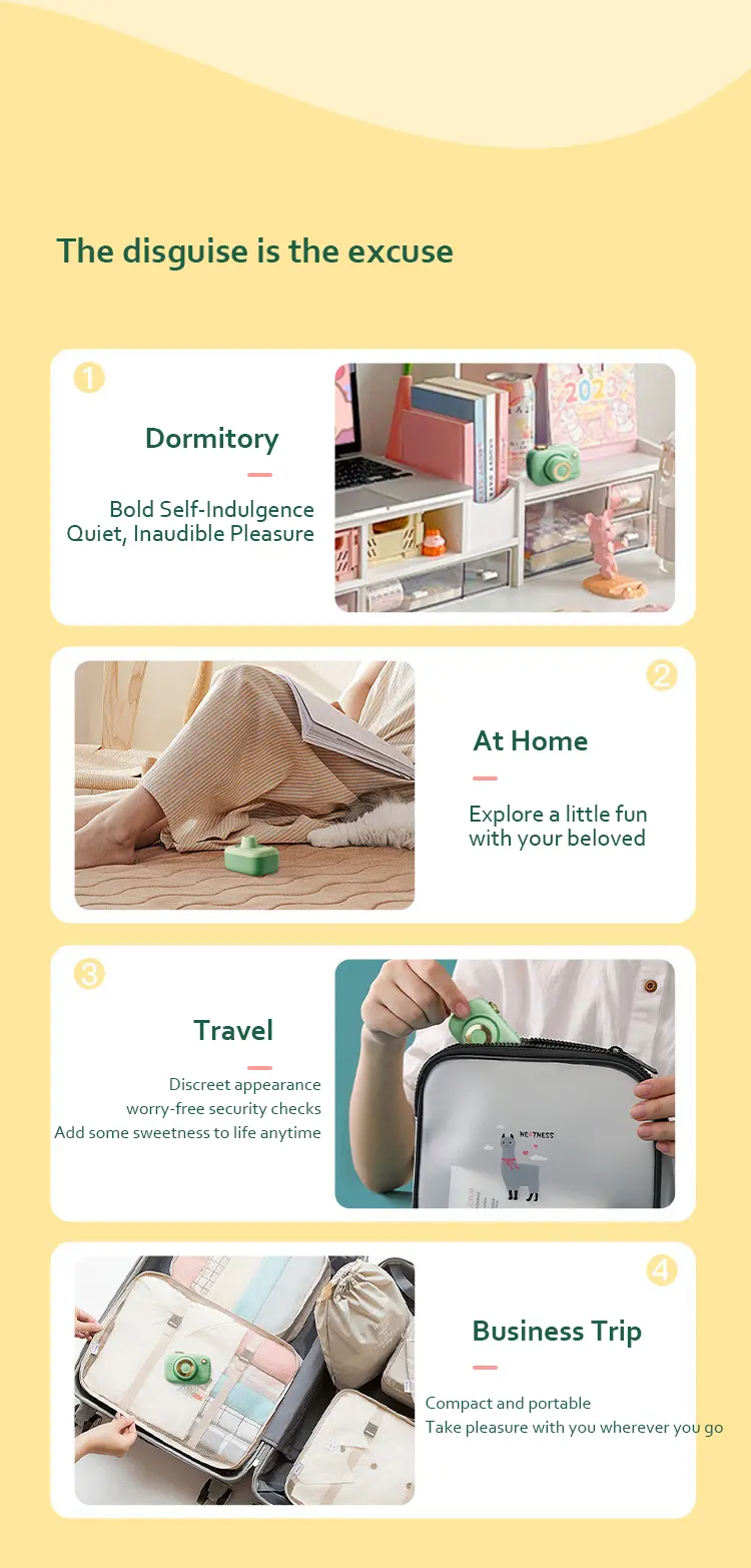 Four-panel lifestyle sequence showing the discreet vibrator used in a dormitory, at home, during travel, and on business trips.