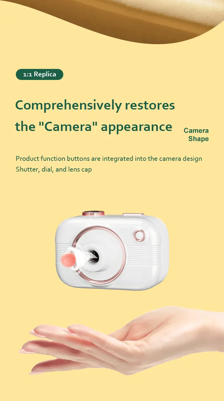 Close-up of the 1:1 camera replica design showing integrated function buttons disguised as a shutter, dial, and lens cap for maximum discretion.