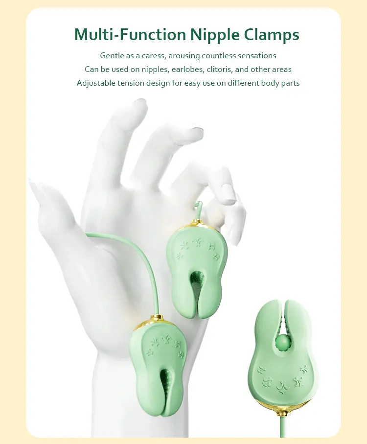 Close-up of the adjustable tension green silicone nipple clamps designed for gentle clitoral or earlobe stimulation and versatile sensory play.