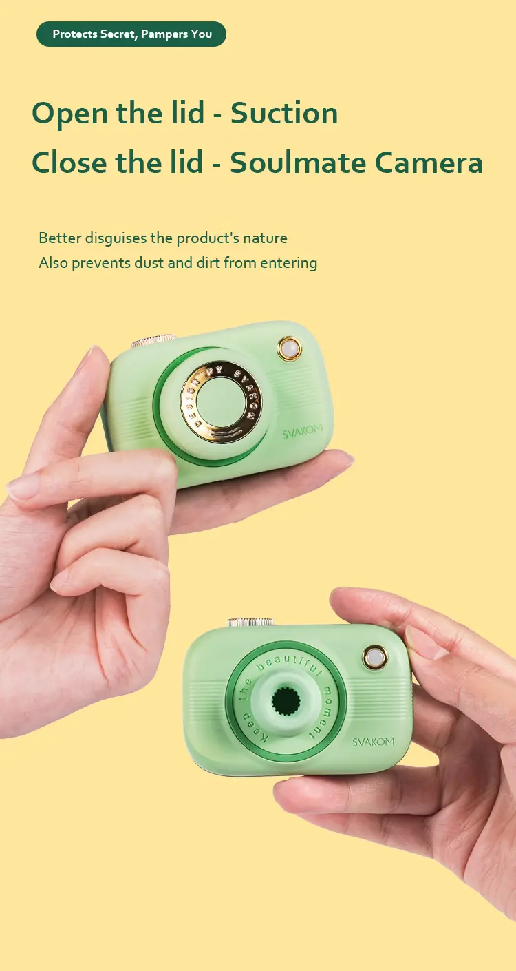 A side-by-side comparison of a mint green suction vibrator showing the camera-style lid closed for discreet storage and open to reveal the soft silicone stimulation nozzle.