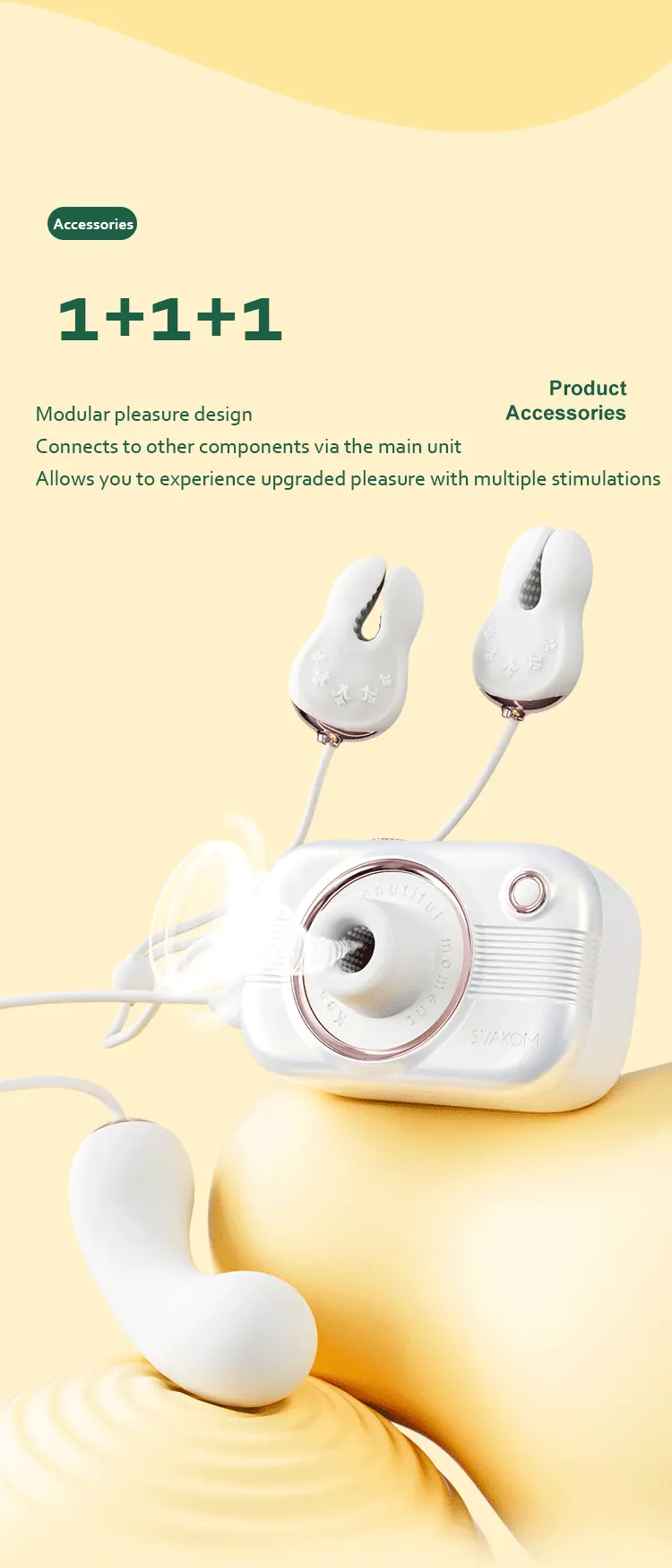 Infographic showing the modular pleasure design of the Snapshot, featuring a main suction unit connected to multiple external massage accessories for versatile stimulation.