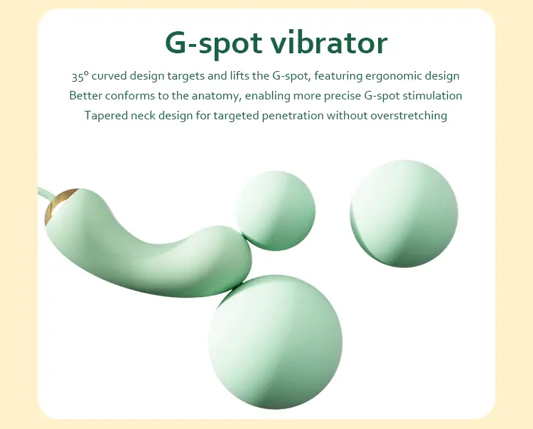 Detail shot of the 35-degree curved G-spot vibrator attachment featuring a tapered neck and ergonomic design for precise internal stimulation.