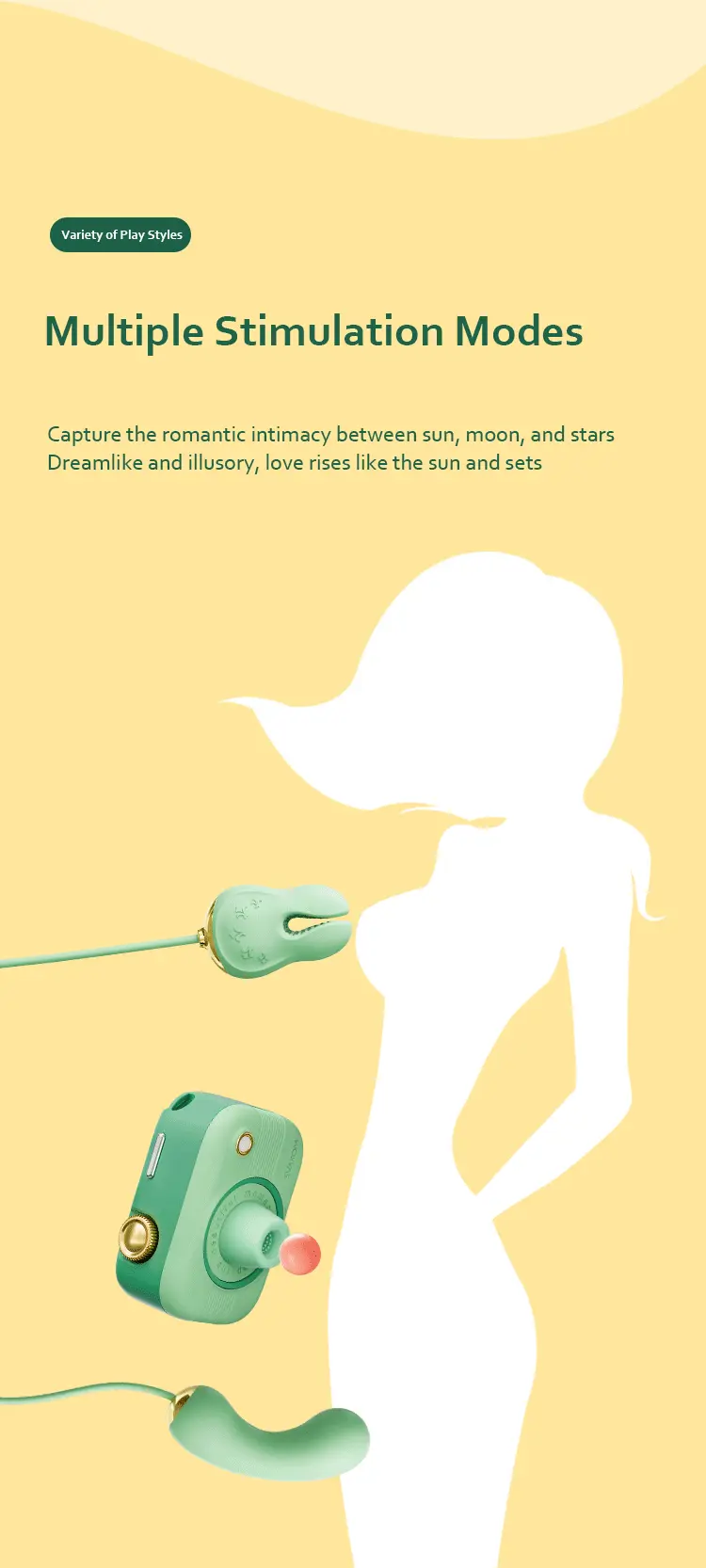 Infographic silhouette demonstrating multiple stimulation modes for the body using the suction base, curved wand, and external clip accessories.