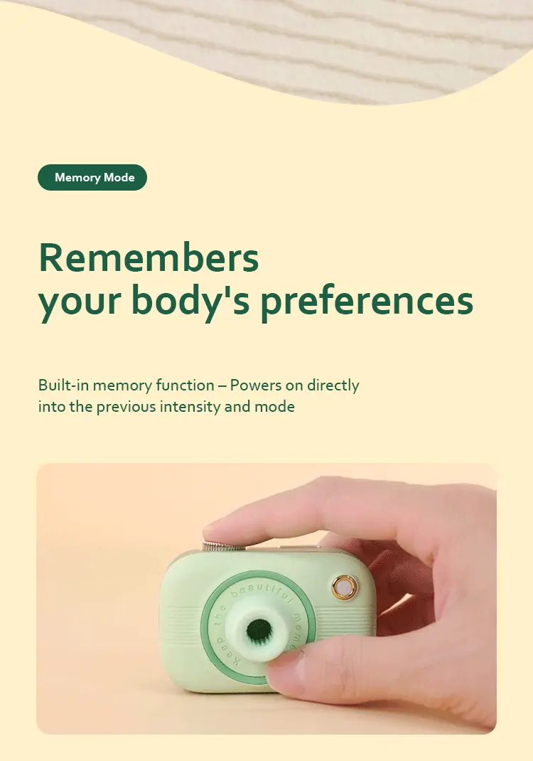 Close-up showing a hand operating the intuitive buttons of the pleasure device, highlighting the built-in memory function that saves user intensity preferences.