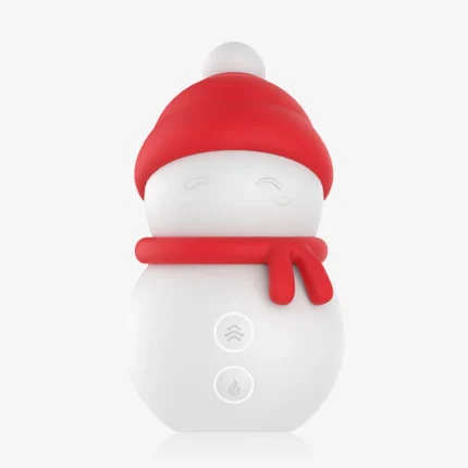 Front view of the Snowman suction stimulator highlighting the minimalist dual-button interface for heat and vibration control.