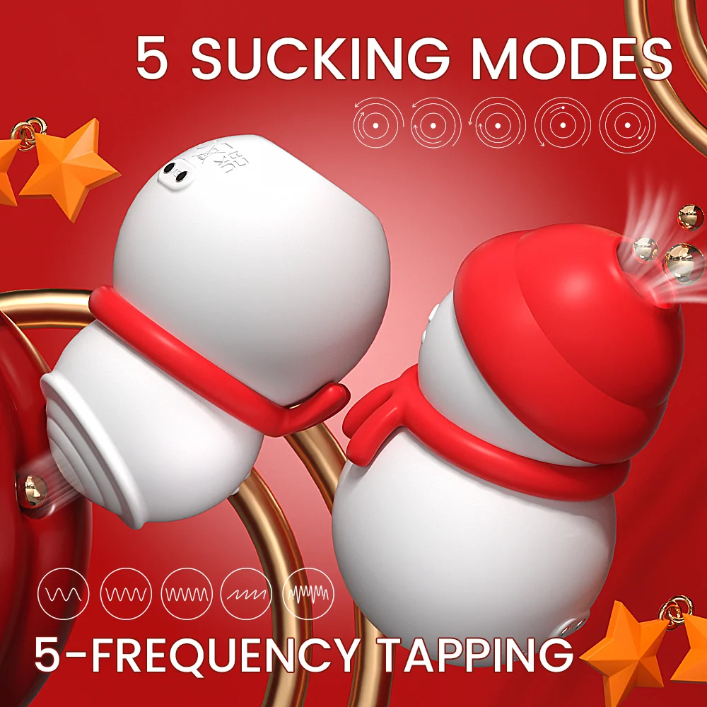 Infographic detailing the Snowman's 5 sucking modes and 5-frequency tapping functions for customizable sensory stimulation.