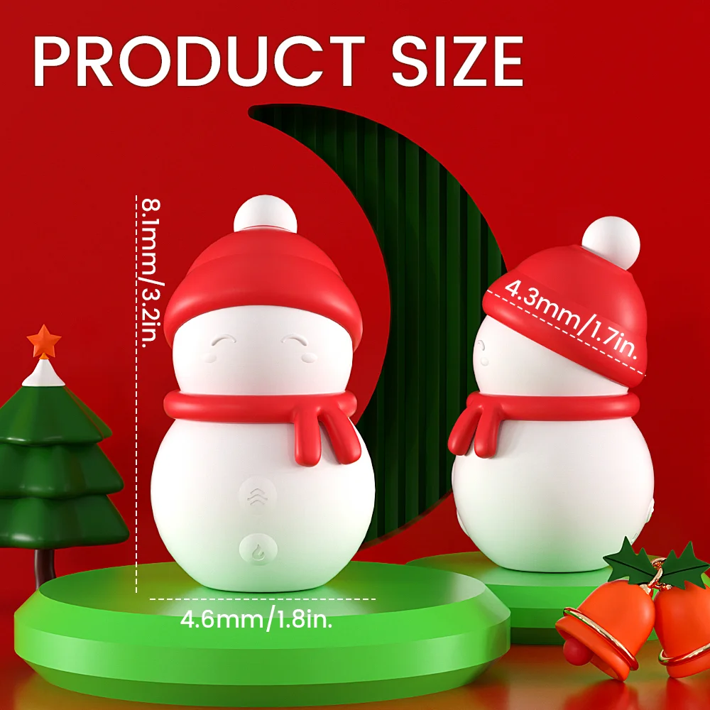 Product dimensions for the Snowman massager, measuring 3.2 inches in height and 1.8 inches in width for a discreet bedside footprint.