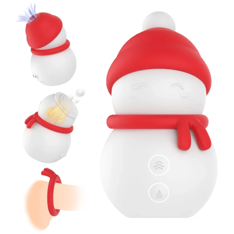 Composite view of the Snowman adult product showcasing the internal heating element, suction nozzle, and the dual-use accessory ring.