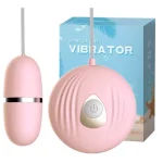 Front view of a pink wearable pleasure device featuring a sleek bullet stimulator and a textured circular remote for discreet long-distance play.