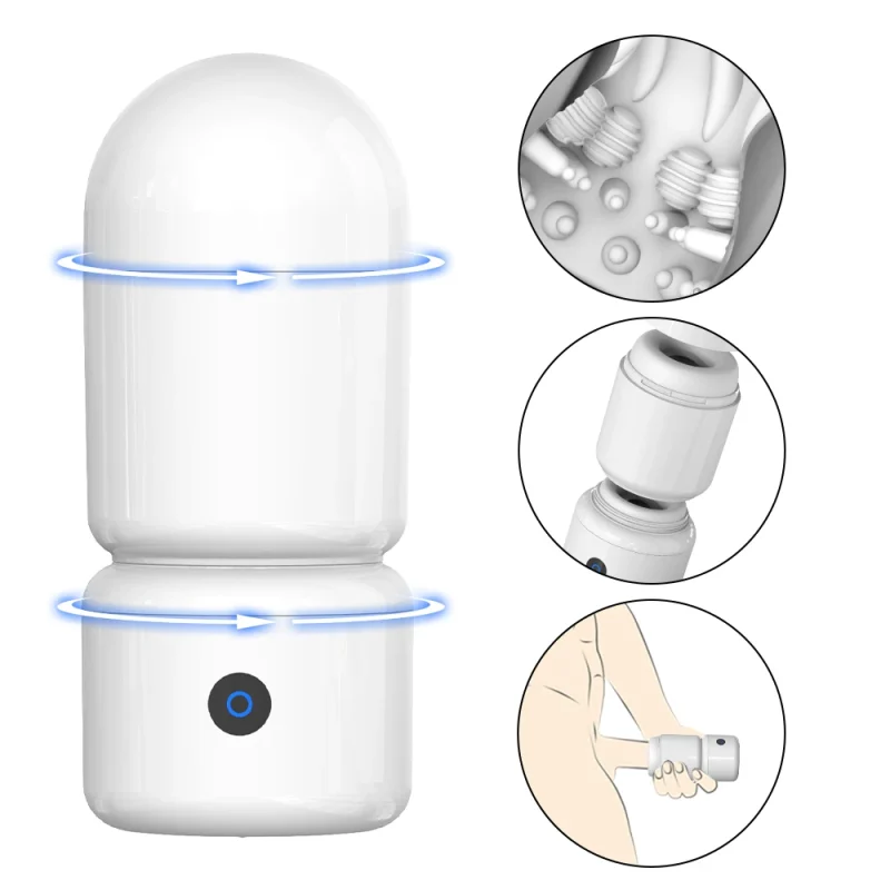 Diagram of the Spirit Bomb 2.0 automatic male masturbator showing 360-degree rotation and internal textured sleeve details.