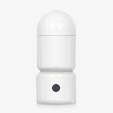 Minimalist front-facing studio shot of a white rechargeable male stroker featuring a single-button control interface.