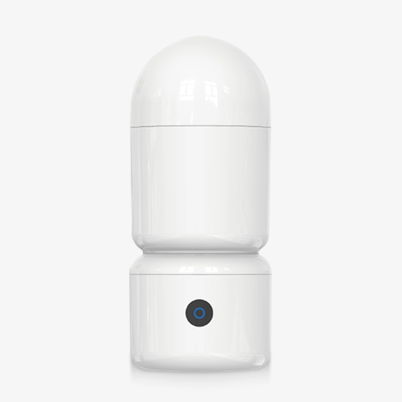 hh-spirit-bomb-2-0-gallery-11 Minimalist front-facing studio shot of a white rechargeable male stroker featuring a single-button control interface.