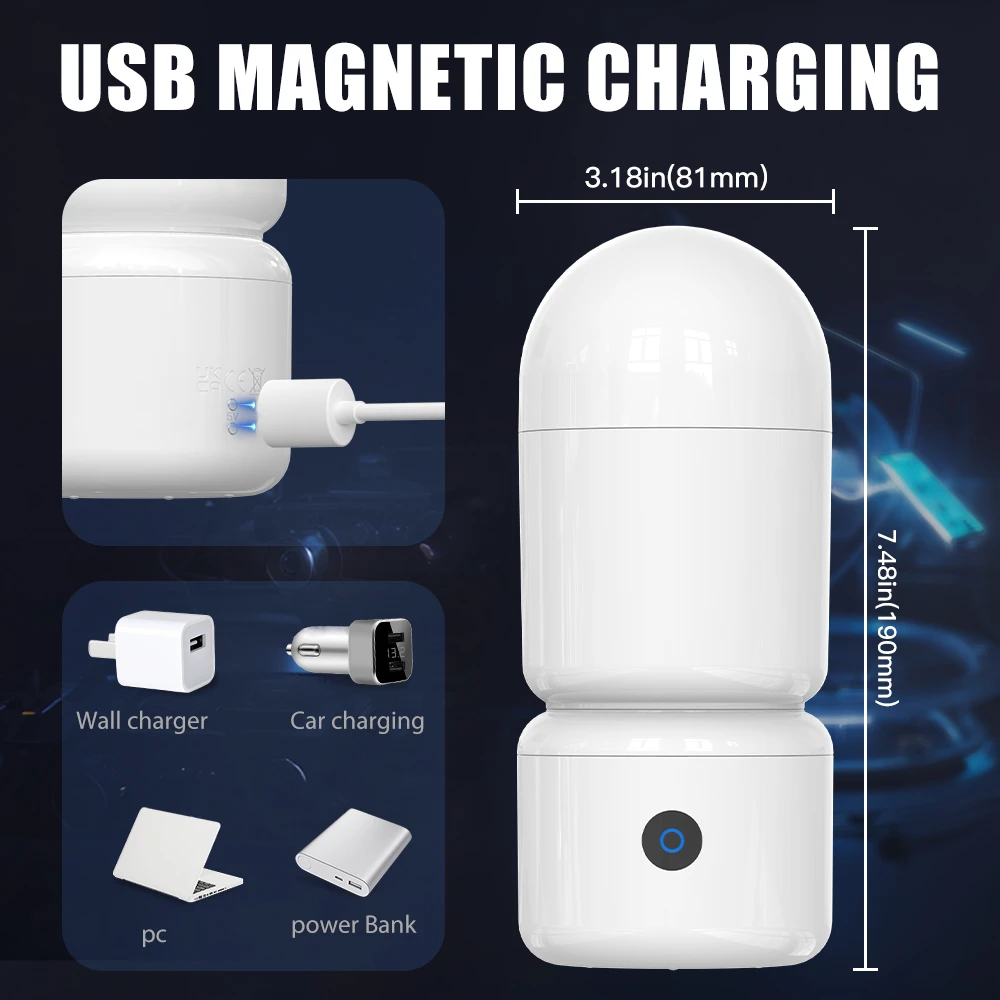 Technical specifications showing magnetic USB charging compatibility with power banks, PCs, and car chargers for the 7.48-inch device.