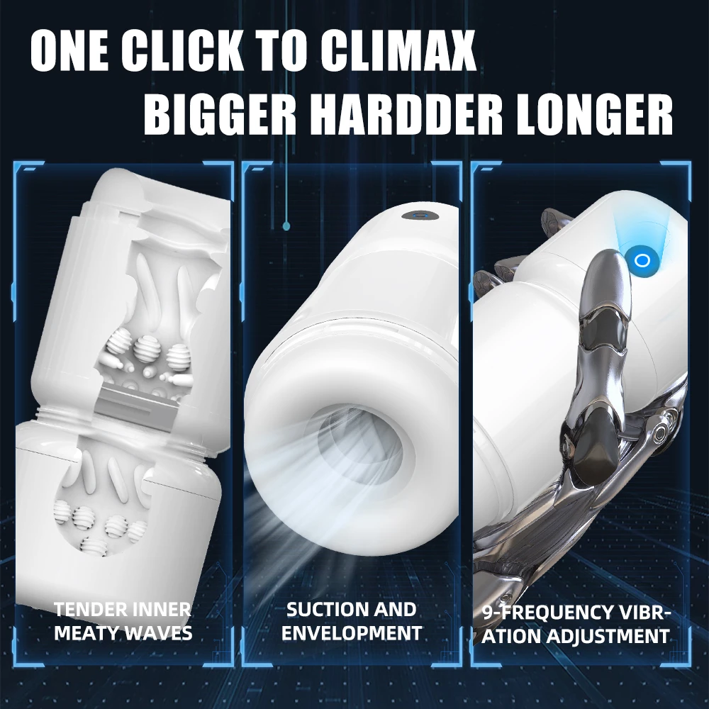 Close-up features of the "meaty waves" internal texture, powerful suction technology, and 9-frequency vibration adjustment button.