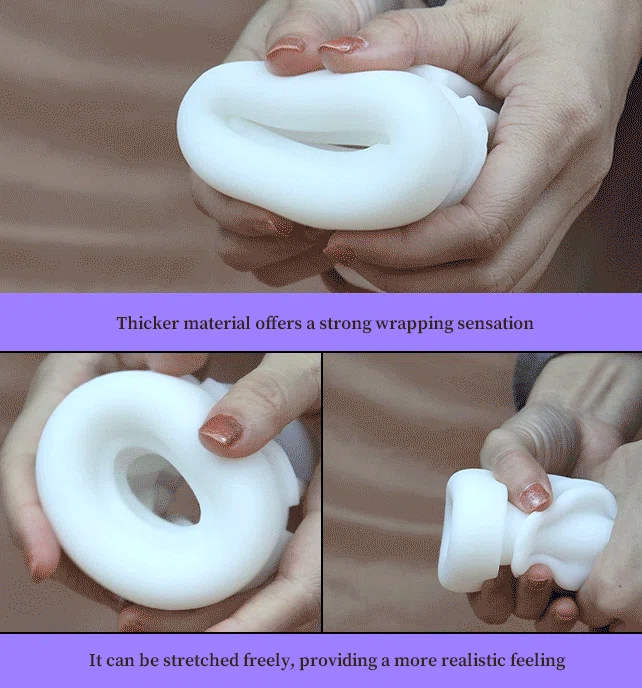 Close-up of the ultra-soft and flexible TPE sleeve material being stretched to demonstrate the durable, skin-like texture of this male pleasure device.