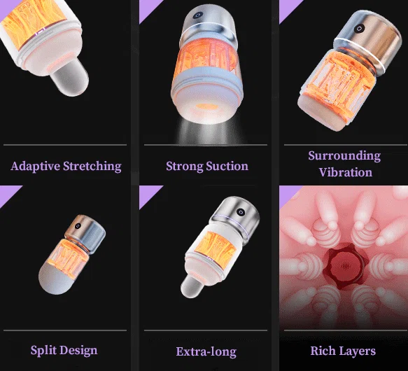 Infographic highlighting the advanced features of the Spirit Bomb, including strong suction, surrounding vibration, and a split design for easy cleaning and maintenance.