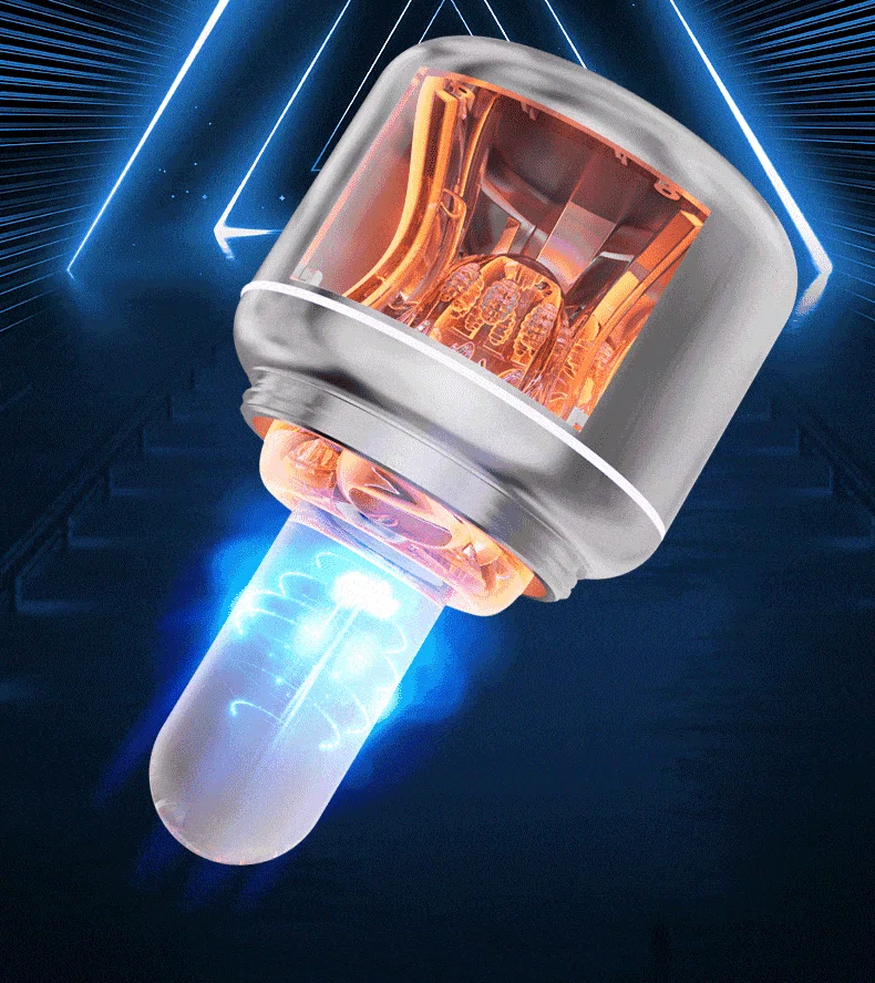 Internal view of the transparent pleasure sleeve showing the textured canal and integrated heating element designed for a realistic and warm intimacy experience.