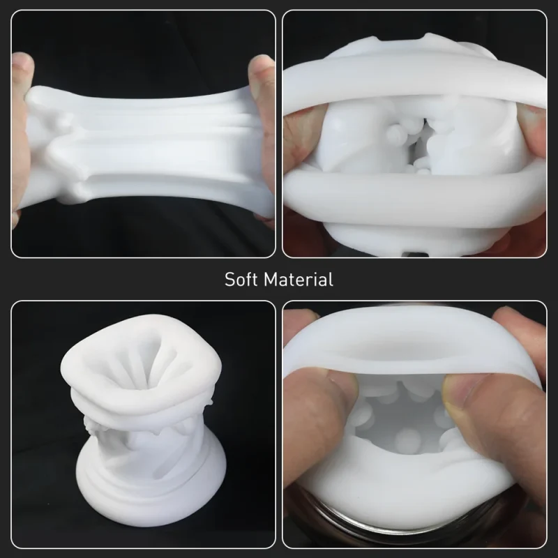 Close-up of the ultra-soft TPE material and intricate internal ribbing of a high-quality male pleasure device sleeve.