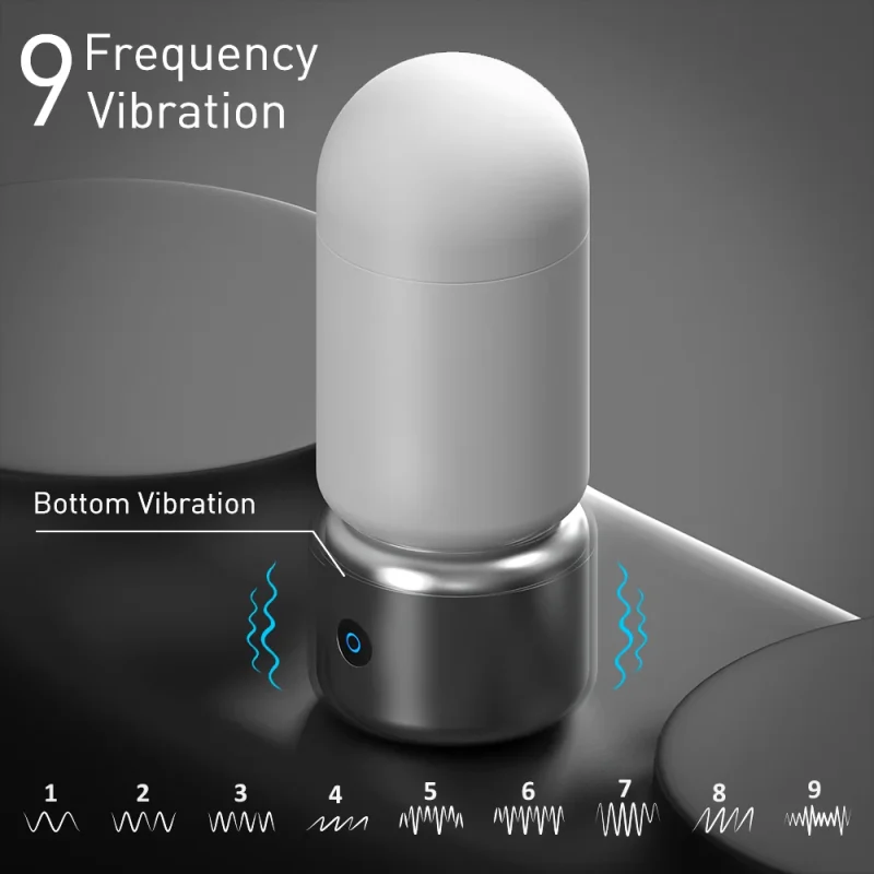 Graphic illustrating the 9-frequency vibration patterns of the powerful bottom-mounted motor, ranging from steady pulses to intense rhythmic waves for varied stimulation.