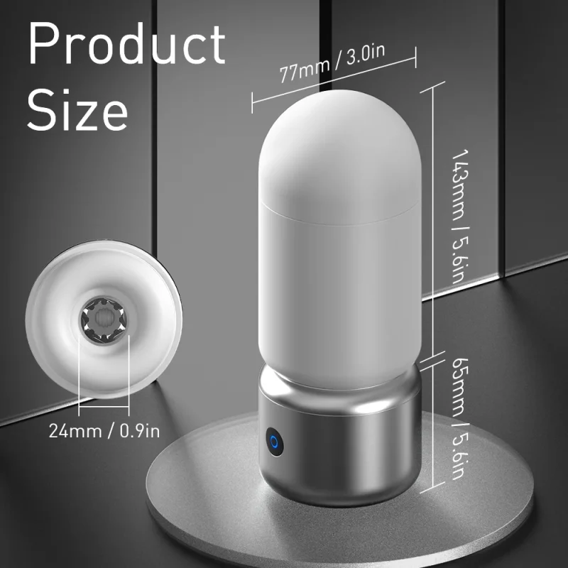 Technical product size chart showing the dimensions of the portable stroker, with a 5.6-inch height and a flexible 0.9-inch entry diameter to accommodate different users.