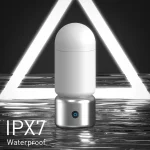 The IPX7 waterproof rating of this premium adult device is displayed against a water-ripple background, highlighting its suitability for easy washability and shower use.