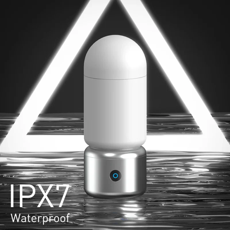 The IPX7 waterproof rating of this premium adult device is displayed against a water-ripple background, highlighting its suitability for easy washability and shower use.