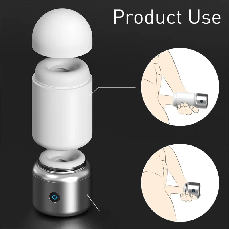 Diagram illustrating the modular assembly of the HH Spirit Bomb male masturbator with a detachable textured sleeve and motorized base.