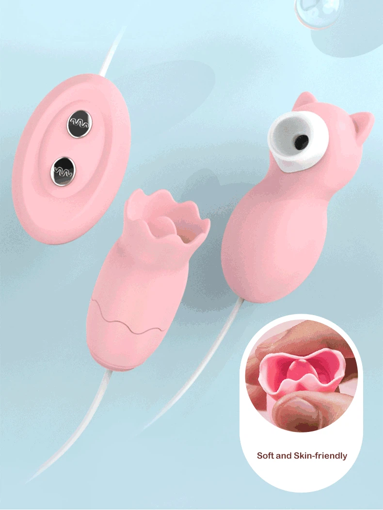 Multi-component view of the kitten suction toy and flower-tipped licking attachment made from skin-friendly, medical-grade silicone.