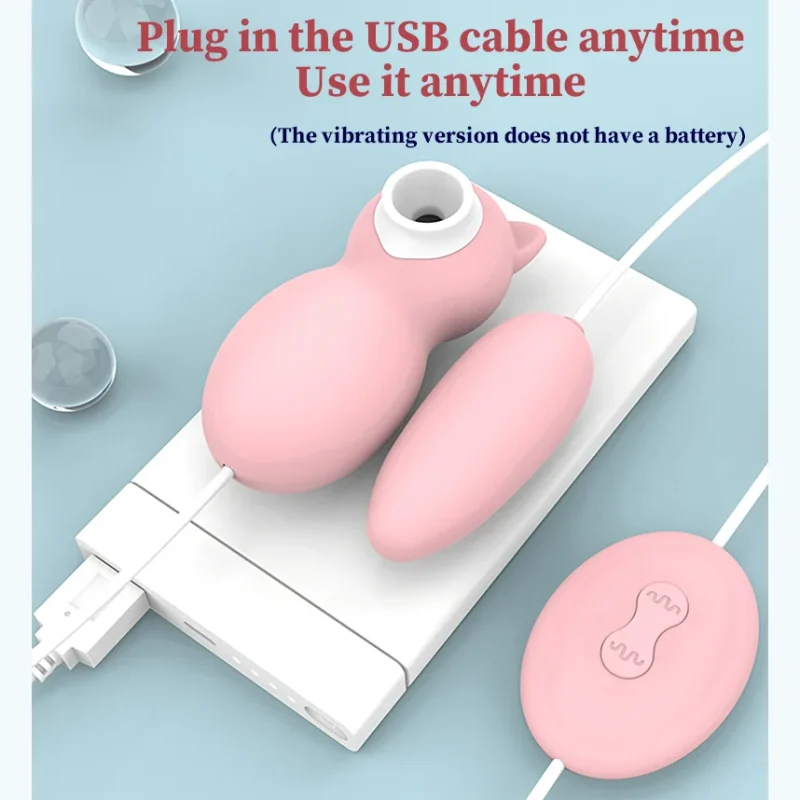 Lifestyle shot of the portable intimacy tool connected to a white power bank, emphasizing its convenient USB-plug-and-play capability.