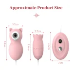 Detailed sizing chart for the kitten licking vibrator and flower attachment, measuring approximately 8.2cm in height with a 7cm remote controller.