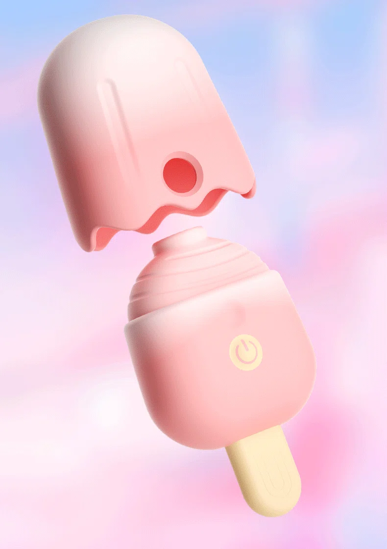 Exploded view of the Sweet Melt popsicle vibrator showing the protective decorative cap being removed from the internal suction head.