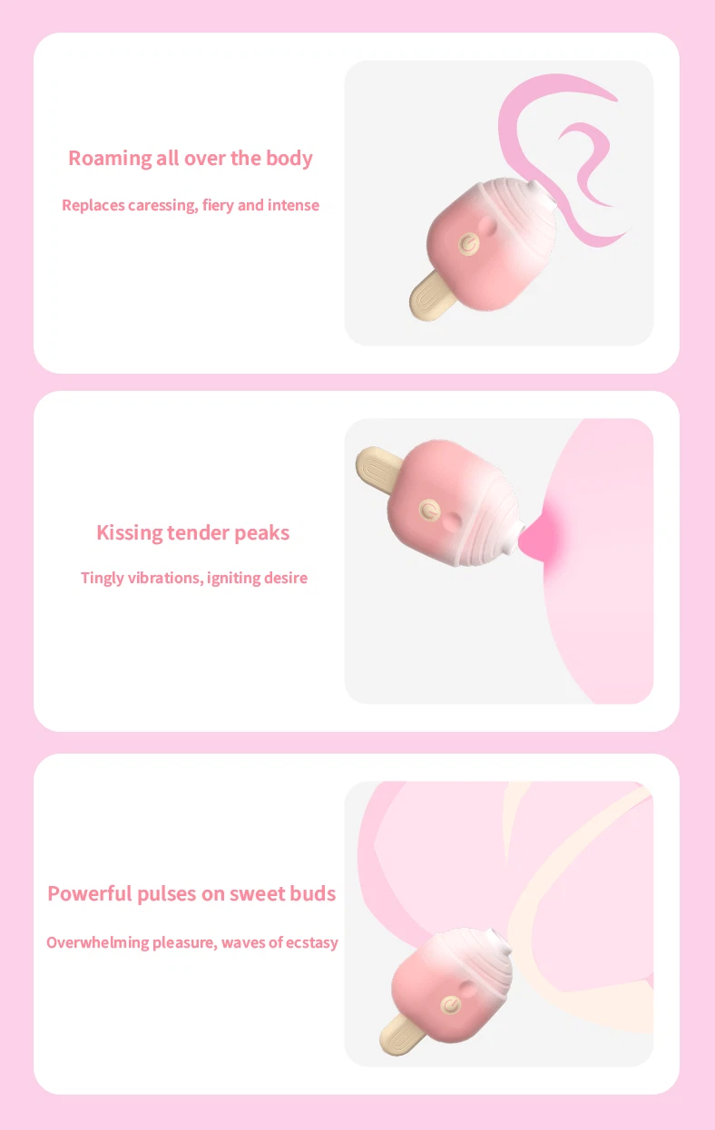 Infographic highlighting the Sweet Melt popsicle vibrator's versatile use for full-body massage, nipple stimulation, and external clitoral pulsing.