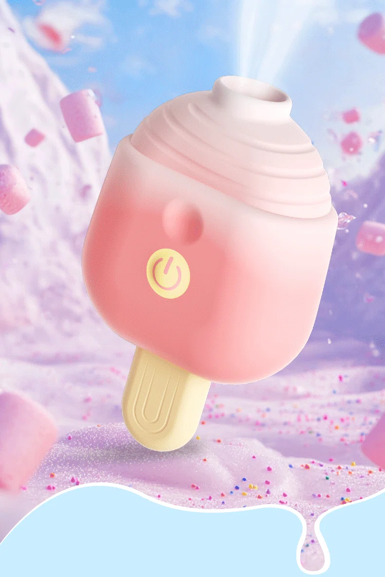 Close-up of the Sweet Melt suction toy featuring a soft-touch silicone exterior and a popsicle-inspired design against a whimsical pastel background.