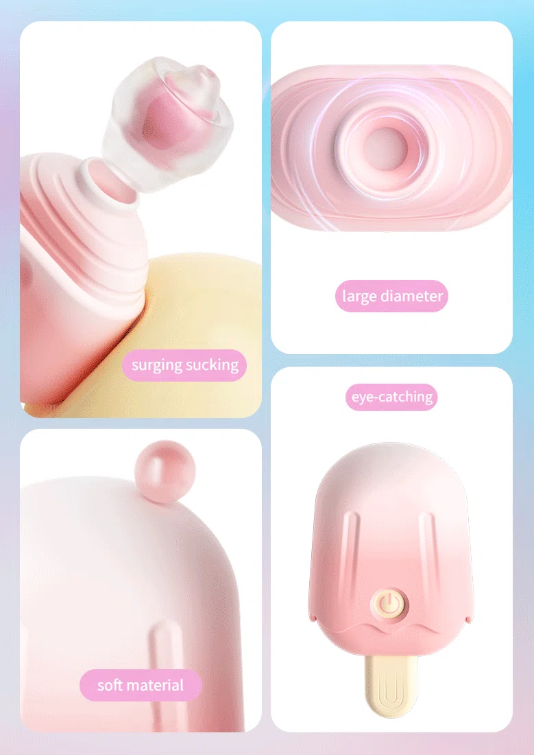Feature infographic of the Sweet Melt pleasure tool highlighting its surging suction mode, soft-touch silicone, and large diameter opening.