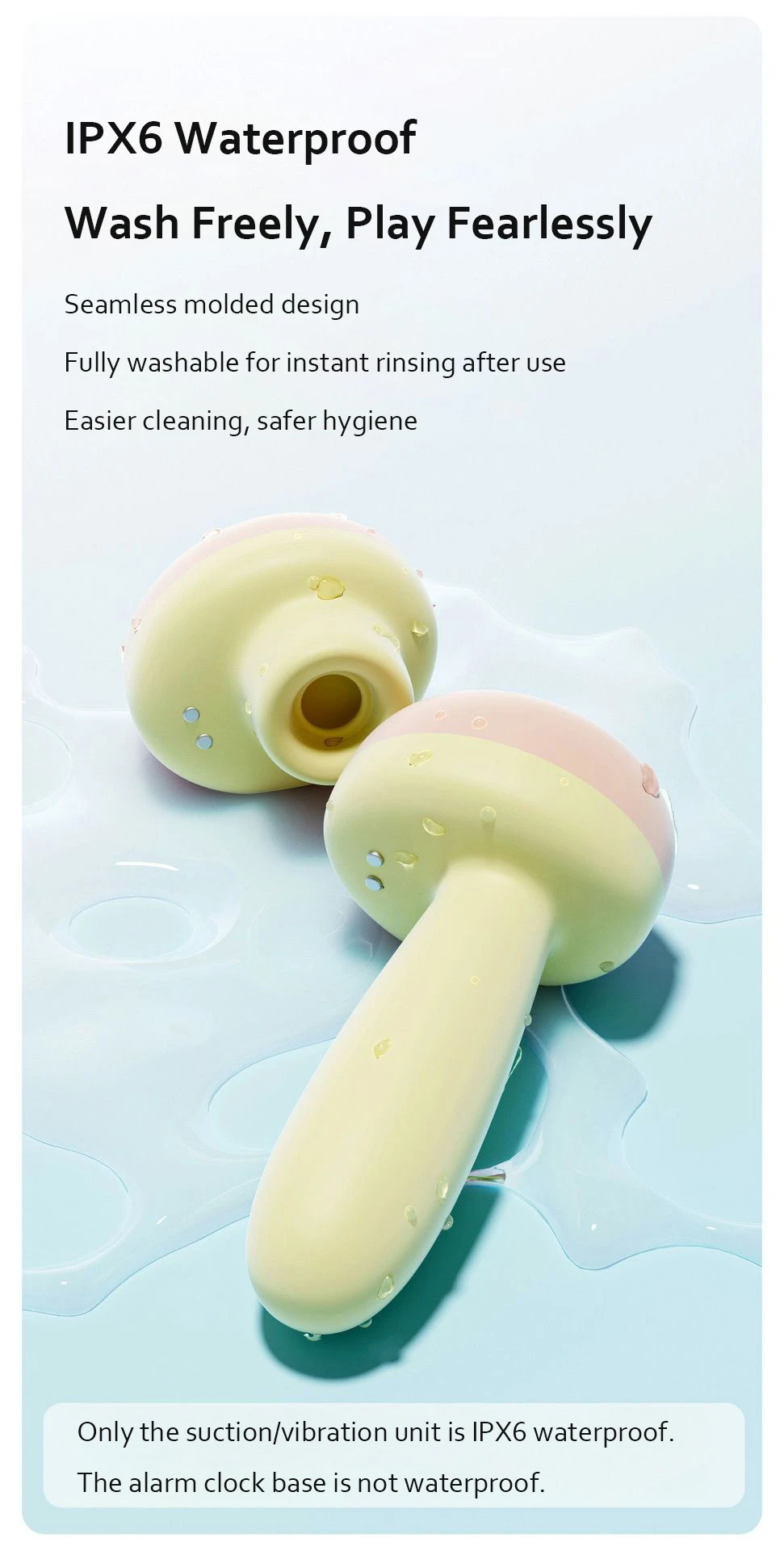 Waterproof rating infographic showing the IPX6 washable suction and vibration units for easy hygiene and maintenance.