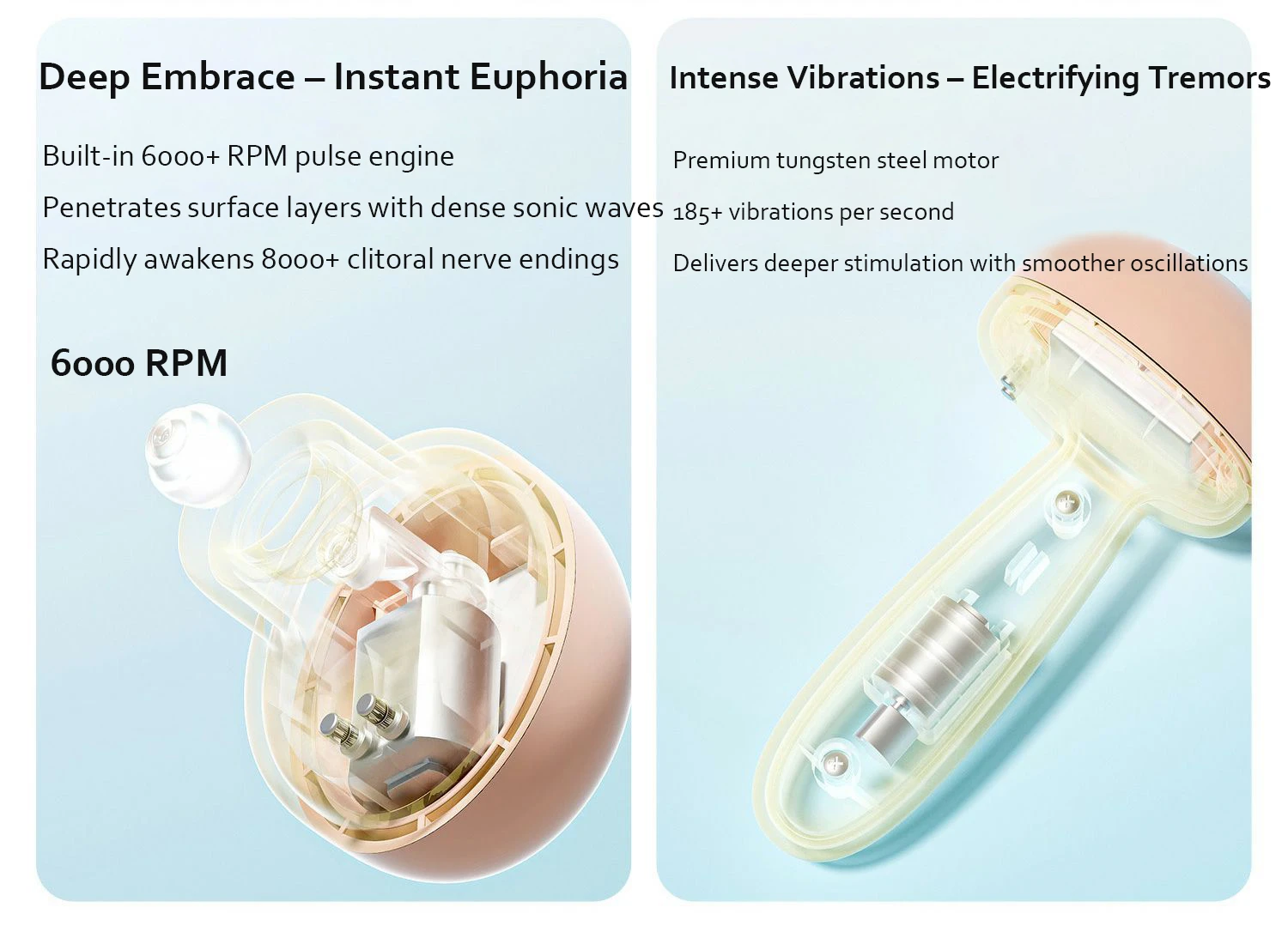 Infographic detailing the 6000 RPM pulse engine and tungsten steel motor of the Tickle O’Clock intimacy device for deep stimulation.