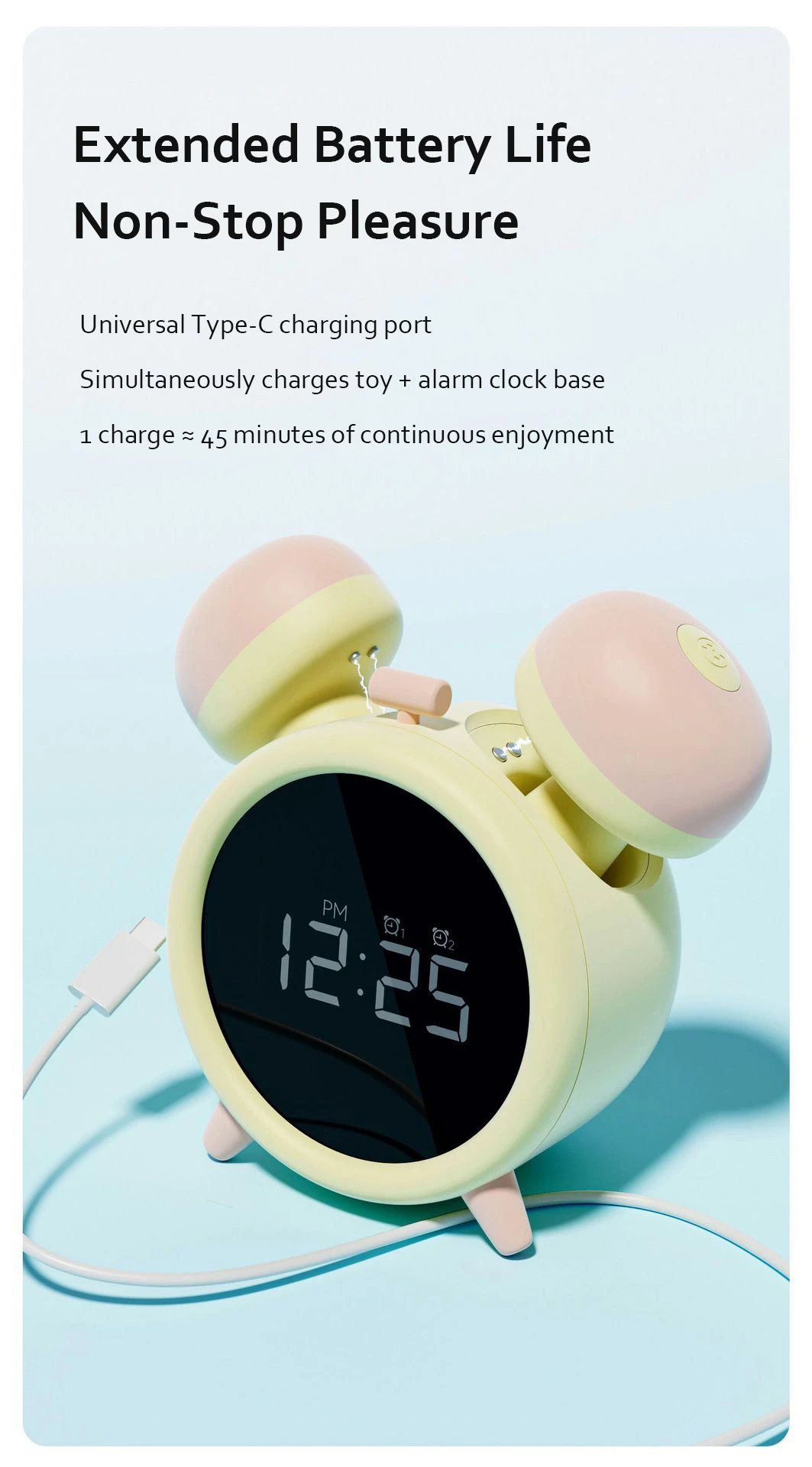 USB Type-C universal charging setup showing the alarm clock base simultaneously powering the removable vibration units.