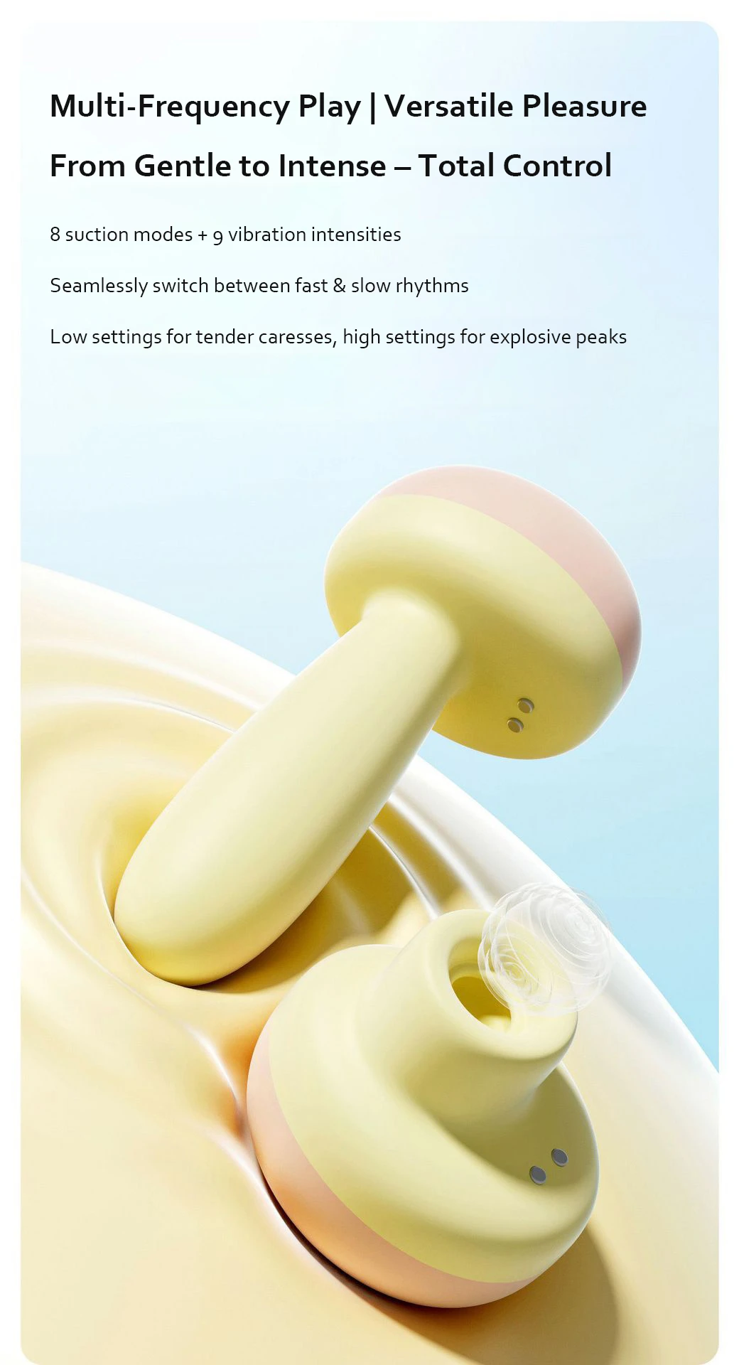 Product detail showing the 8 suction modes and 9 vibration intensities for customized control of the versatile massage wand.