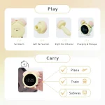 Instructional graphic demonstrating how to set the alarm and pack the travel-friendly device for use on planes, trains, or subways.