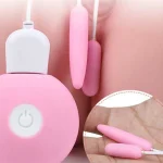 Detailed close-up of a pink dual-tip clitoral stimulator featuring a round power controller with a USB charging port and soft silicone vibration points.