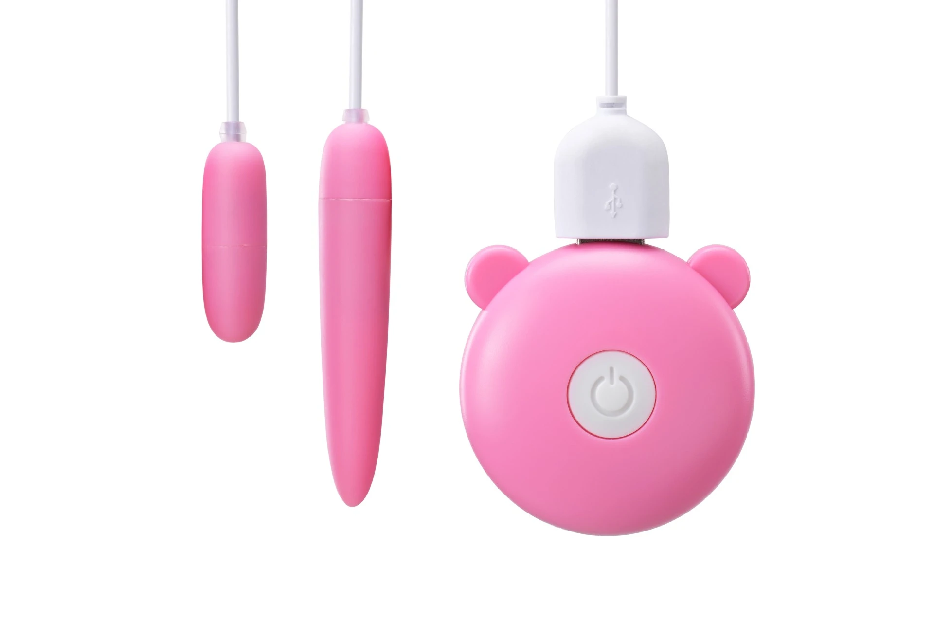 HH tiny fingertip vibrator with pink bear-shaped remote control and USB power connection for discreet pleasure.